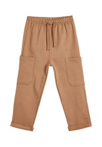 Pantalones marrones para niños con cintura elástica, cordón, dos grandes bolsillos laterales y puños doblados.