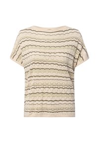 Dzianinowy top z krótkim rękawem w kolorze kremowym, z zielonymi i brązowymi zygzakowymi paskami; teksturowany splot z falistymi wzorami, okrągły dekolt, luźny krój.