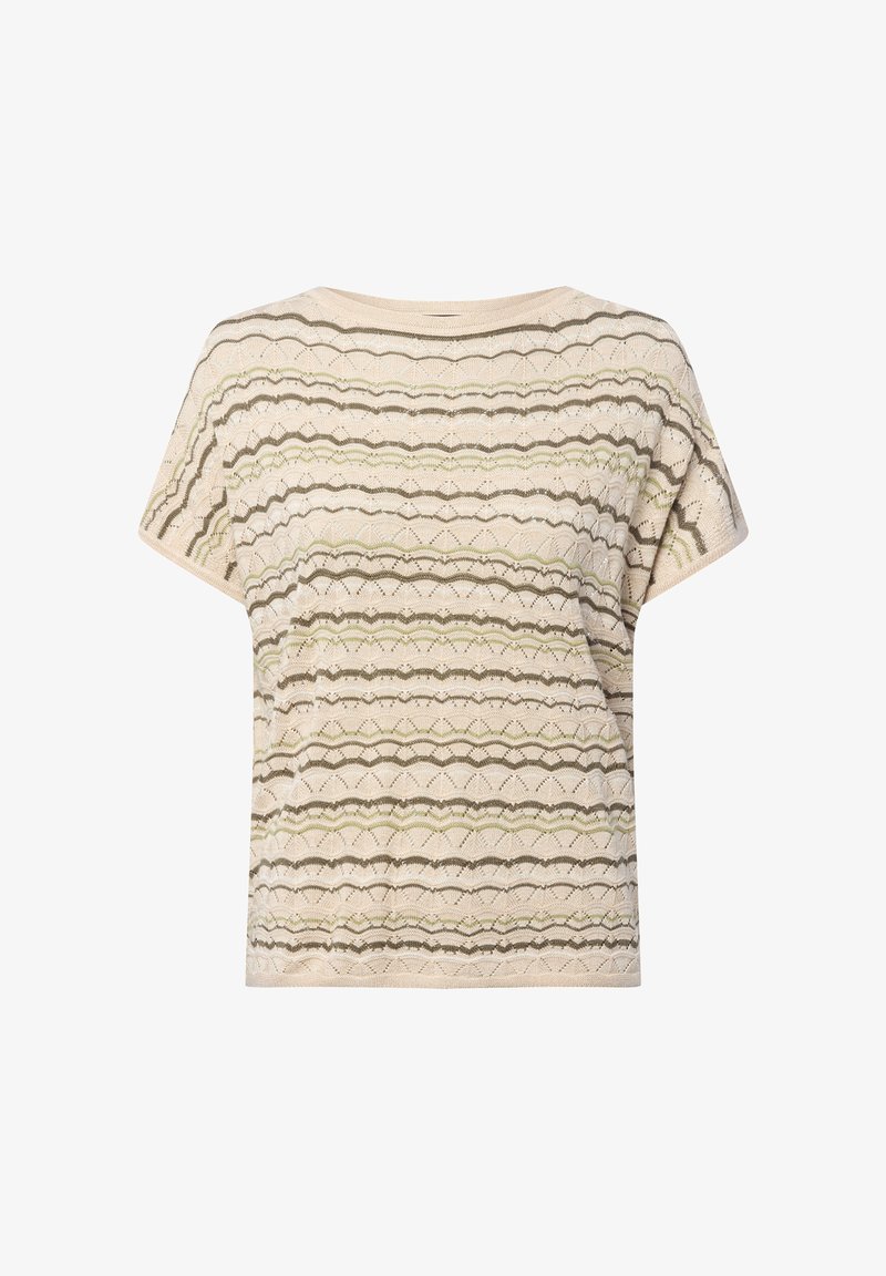 Dzianinowy top z krótkim rękawem w kolorze kremowym, z zielonymi i brązowymi zygzakowymi paskami; teksturowany splot z falistymi wzorami, okrągły dekolt, luźny krój.