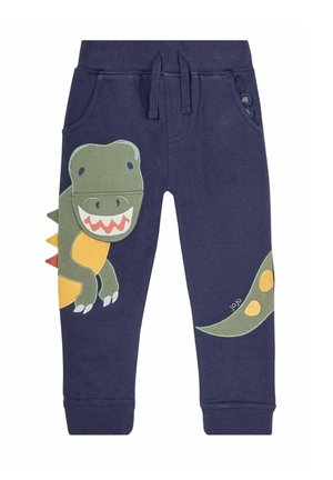 I pantaloni della tuta blu navy presentano un design giocoso di dinosauri con accenti verdi e gialli e una texture liscia. Inclusa vita con cordino regolabile.