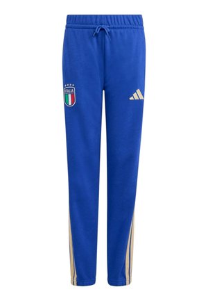 Pantaloni sportivi blu con stemma dell'Italia sulla coscia sinistra, logo Adidas sulla coscia destra, vita elasticizzata con coulisse e strisce laterali beige.
