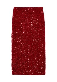 Roter Bleistiftrock, der mit glänzenden Pailletten bedeckt ist, knielang mit geradem Schnitt und hoher Taille.