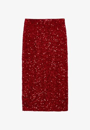 Roter Bleistiftrock, der mit glänzenden Pailletten bedeckt ist, knielang mit geradem Schnitt und hoher Taille.