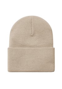 Berretto beige lavorato a maglia con risvolto, caratterizzato da una texture a coste e una parte superiore arrotondata. Senza motivi visibili o dettagli in metallo.
