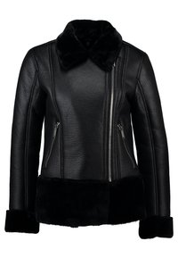 Svart läderjacka med krage och manschetter i fuskpäls, med dragkedjefickor framtill och paneldetaljer på ärmarna och ryggen.