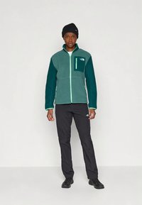 Νεαρός άνθρωπος που φοράει μια τιρκουάζ φλις μπλούζα με φερμουάρ, μαύρο σκουφάκι, μαύρο παντελόνι εξωτερικού χώρου και μαύρα παπούτσια, που στέκεται μπροστά σε έναν απλό φόντο.