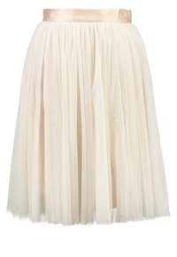 Elfenbeinfarbener Tüllrock mit einem Taillenbund aus Satinband, der ein plissiertes Design und eine weiche, leichte Textur aufweist.