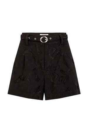 Black shorts featuring a textured floral pattern, a belted waist with a silver round buckle, and a tailored, mid-thigh cut.