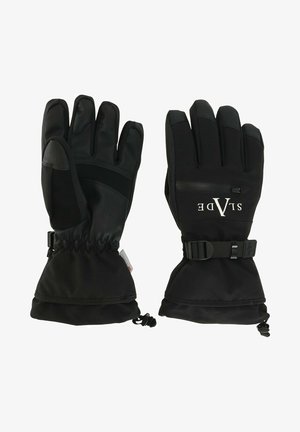 Black insulated gloves with a textured finish, featuring adjustable wrist straps and elastic cuffs. Faint logo printed on the back.