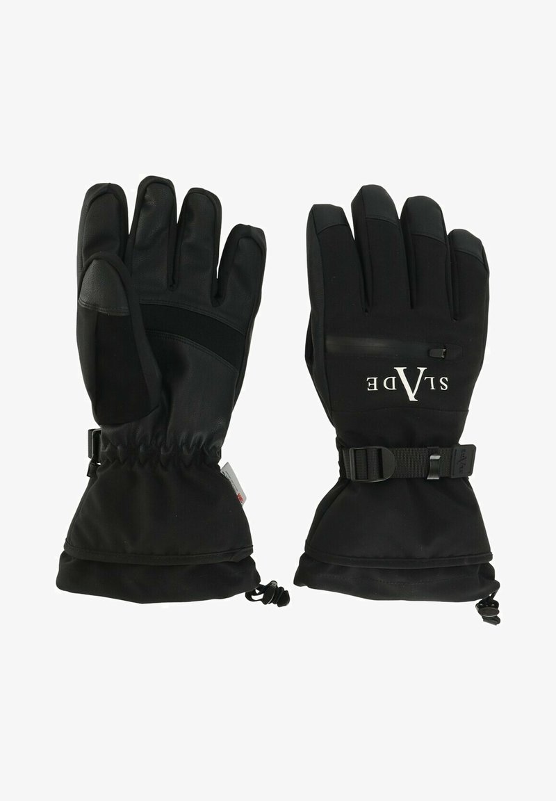 Mustat eristetyt hanskat, joissa on teksturoitu pinta, säädettävät rannekkeet ja elastiset hihnat. Hämärä logo painettuna taakse.