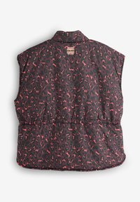 Gewatteerd mouwloos vest met een donkere achtergrond en een roze-zwart luipaardprint. Voorzien van een kraag en een elastische taille voor een goede pasvorm.