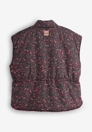 Polsterēts bezroku vestes ar tumšu fonu, uz kura ir rozā un melna leoparda raksts. Komplektā ietilpst apkakle un elastīga vidukļa daļa, lai nodrošinātu labu piegulšanu.