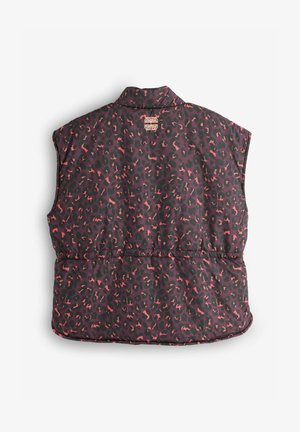 Gepolsterte ärmellose Weste mit dunklem Hintergrund und rosa-schwarzem Leopardenmuster. Verfügt über einen Kragen und einen elastischen Bund für eine gute Passform.