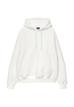 Haut à capuche blanc en mélange de coton doux. Il dispose d'une capuche avec cordon de serrage, d'une poche kangourou à l'avant et de bords côtelés aux poignets et à l'ourlet. Design simple et minimaliste.
