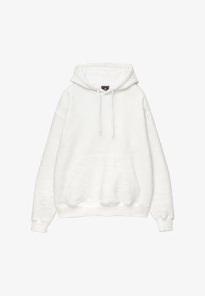 Weißer Hoodie aus weichem Baumwollgemisch. Verfügt über eine Kordelzugkapuze, eine frontale Kängurutasche und gerippte Bündchen sowie Saum. Einfaches, minimalistisches Design.