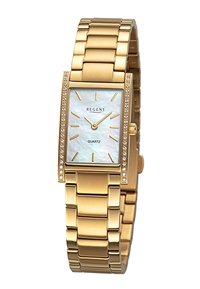 Montre-bracelet en quartz finition or, avec un boîtier rectangulaire, un cadran en nacre, des index dorés et des accents en cristal sur la lunette.