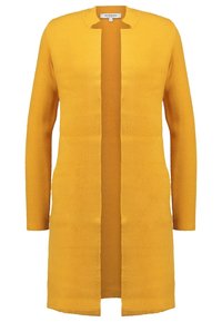Žlutý pletený cardigan s otevřeným předním dílem, dlouhými rukávy a texturovaným povrchem. Má kulatý výstřih a rovný střih.