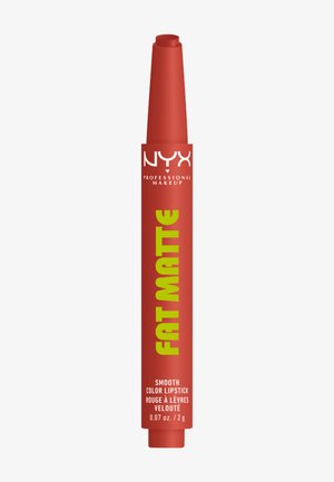 Red NYX Professional Makeup Fat Matte smooth color lipstick crayon with green and white text, 0.07 oz / 2 g.