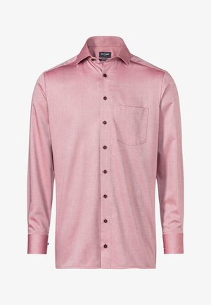 Lange mouw shirt in lichtroze, geweven stof. Bevat een knoopsluiting aan de voorkant, een puntige kraag, een enkel borstzakje en donkere knopen.