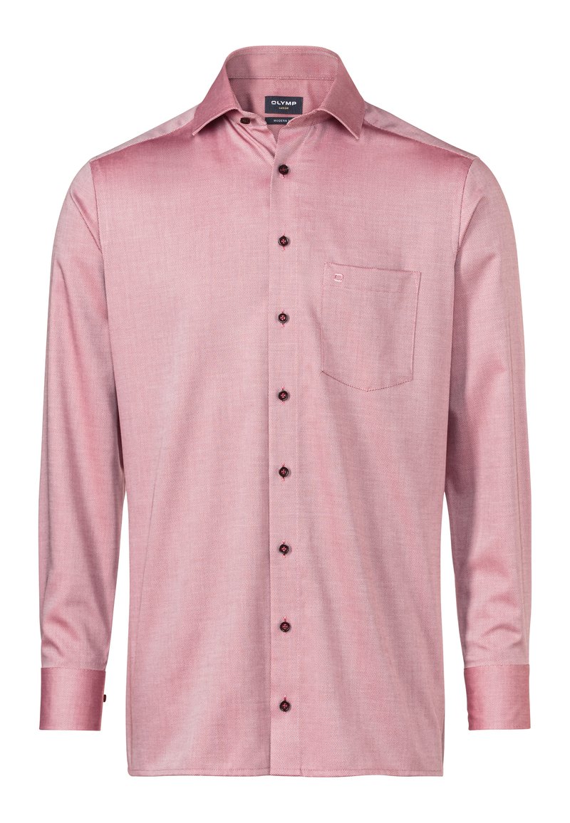 Lange mouw shirt in lichtroze, geweven stof. Bevat een knoopsluiting aan de voorkant, een puntige kraag, een enkel borstzakje en donkere knopen.