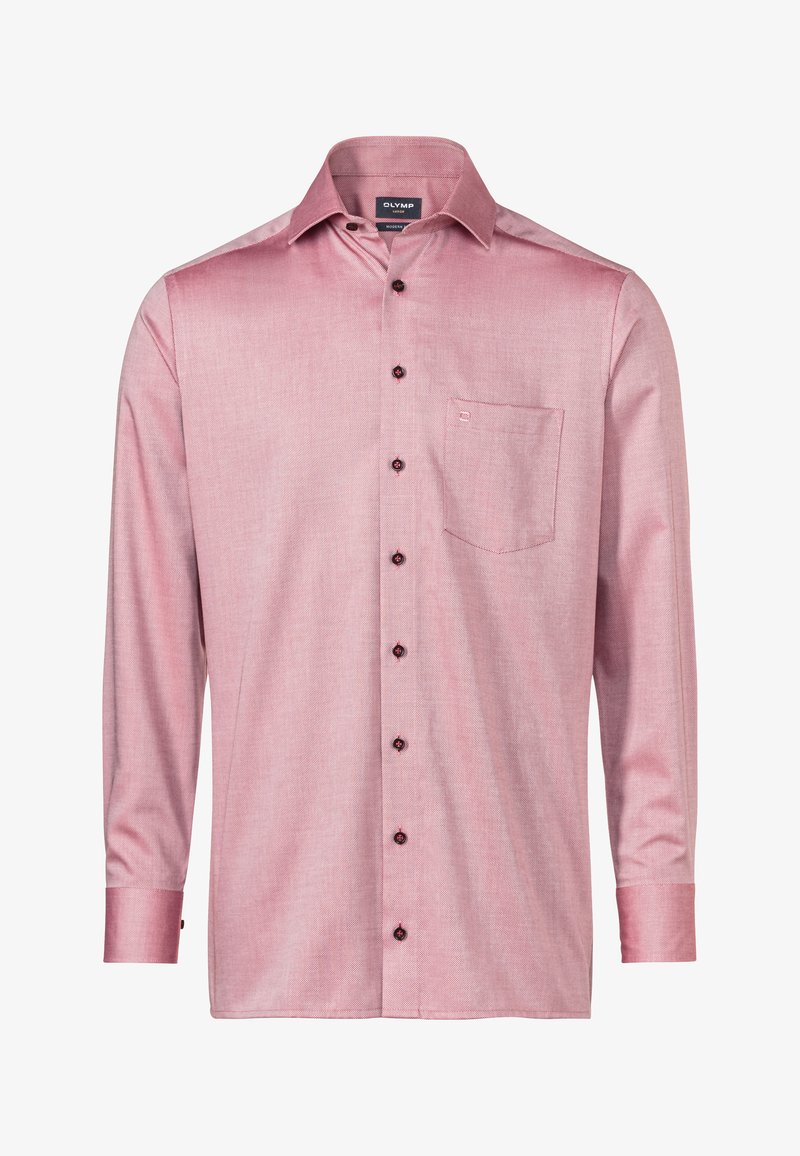 Lange mouw shirt in lichtroze, geweven stof. Bevat een knoopsluiting aan de voorkant, een puntige kraag, een enkel borstzakje en donkere knopen.