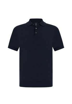 Marineblaue Poloshirt aus strukturiertem Baumwollgewebe, mit Kragen, drei Knöpfen am Ausschnitt und gerippten kurzen Ärmeln.
