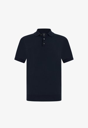 Marineblauw poloshirt gemaakt van gestructureerd katoen, met een kraag, een drieknopsopening en geribbelde korte mouwen.