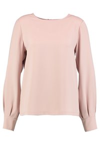 Blouse à manches longues en tissu rose pâle avec un col rond, présentant des plis aux manches et une texture lisse et légère.