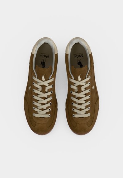 Paire de baskets décontractées en daim marron avec lacets blancs et logo Polo sur la languette et les côtés, vue de dessus sur fond blanc.