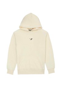 Sudadera color crema hecha de una tela suave, con un bolsillo en la parte delantera, puños de canalé y un pequeño diseño gráfico negro en el pecho.