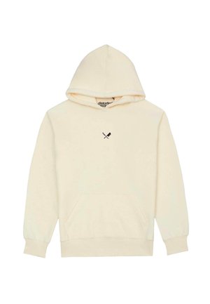 Cream-colored hoodie made of soft fabric, featuring a front pocket, ribbed cuffs, and a small black graphic design on the chest.