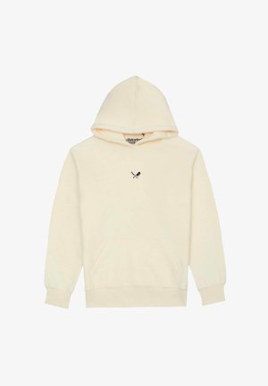 Crèmewitte hoodie gemaakt van zachte stof, met een voorzak, ribbelmanchetten en een kleine zwarte grafische afbeelding op de borst.