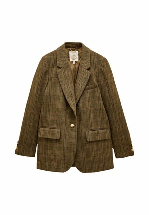 Braun und goldenes Hahnentrittmuster-Blazer mit goldenen, geprägten Knöpfen, ausgestattet mit strukturiertem Stoff, einer Patte und sichtbar gehaltenen weißen Hemdärmeln.