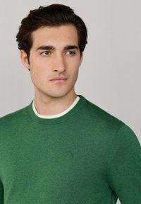 Grüner Strickpullover mit Rundhalsausschnitt, der eine subtile Struktur und ein kleines Logo auf der Brust zeigt. Getragen über einem weißen T-Shirt.