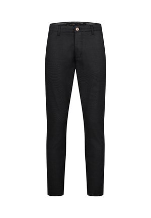 Svart denim byxor med slim fit design, standard midja och dragkedja med knäppning. Texturerat tyg och minimalistisk stil.