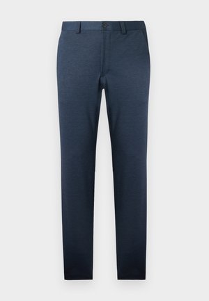 Tmavě modré kalhoty vyrobené z texturované tkaniny, se slim fit střihem, plochým předním dílem a jediným knoflíkem na zapínání v pase.