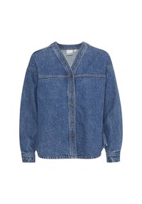 Blå denimskjorta med långa ärmar, knappstängning, V-ringning och en något avslappnad passform. Har kontrasterande sömmar och en subtil textur.