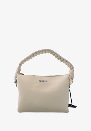 Borsa a mano in pelle beige con manico intrecciato, chiusura con zip e logo impresso sul davanti. Texture liscia e design minimalista.