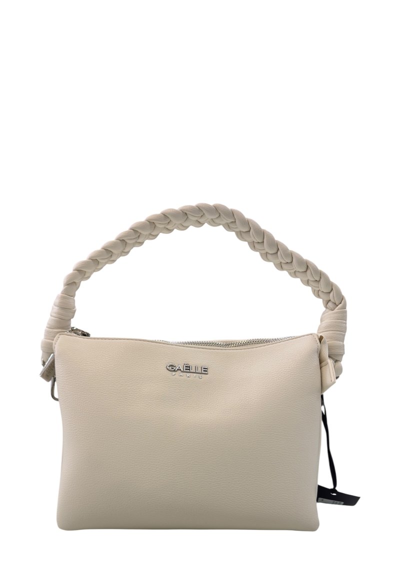 Borsa a mano in pelle beige con manico intrecciato, chiusura con zip e logo impresso sul davanti. Texture liscia e design minimalista.