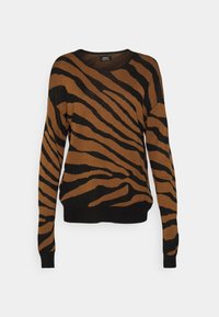Maglione a maniche lunghe con motivo a strisce da tigre in marrone e nero, caratterizzato da scollo rotondo e polsini a costine, realizzato in morbido tessuto a maglia.