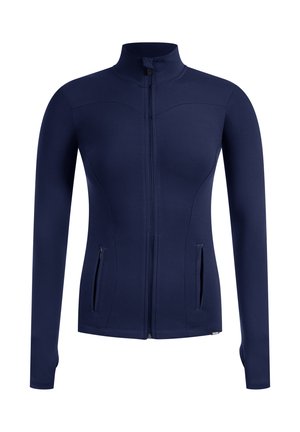 Marine blauw zip-up jacket met een hoge kraag, lange mouwen en twee frontale zipzakken; gemaakt van rekbaar materiaal met een aansluitend ontwerp.