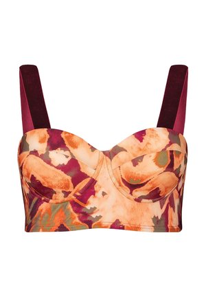 Woven biustonosz w intensywnym, abstrakcyjnym wzorze kwiatowym w odcieniach pomarańczowym, różowym i zielonym. Posiada szerokie bordowe ramiączka oraz usztywniane miseczki.