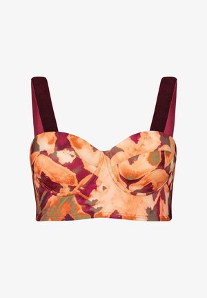 Woven biustonosz w intensywnym, abstrakcyjnym wzorze kwiatowym w odcieniach pomarańczowym, różowym i zielonym. Posiada szerokie bordowe ramiączka oraz usztywniane miseczki.