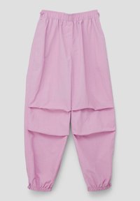 Hellrosa, locker sitzende Hose mit einem elastischen Bund, die an der Vorderseite geschichtete Falten und elastische Bündchen an den Knöcheln aufweist.