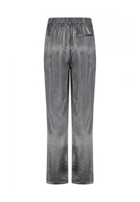 Grijze, metalen stoffen broek met een relaxte pasvorm, elastische tailleband en een enkele achterzak. Gladde textuur en recht gesneden design.