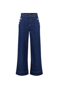 Wijd-uitlopende denim broeken in donkerblauw. Heeft gouden knopen aan de zijkant, contrasterende stiksels en een opgerolde zoom. Duurzaam materiaal met een gladde textuur.