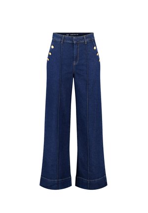 Pantalons en denim à jambes larges de couleur bleu foncé. Présente des boutons dorés sur le côté, des coutures contrastantes et un ourlet retroussé. Matériau durable avec une texture lisse.