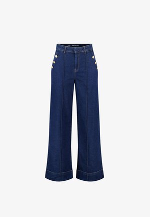 Pantalons en denim à jambes larges de couleur bleu foncé. Présente des boutons dorés sur le côté, des coutures contrastantes et un ourlet retroussé. Matériau durable avec une texture lisse.