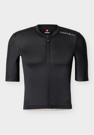 Melns īsroku riteņbraukšanas džersijs ar rāvējslēdzēju priekšpusē, elpojošu audumu un "Castelli" logo uz labā pleca.