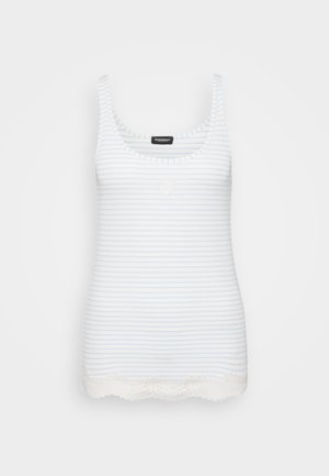 Striped tank top in light blue and white, featuring a scoop neck and lace trim at the bottom. Soft fabric, no additional hardware or patterns.
